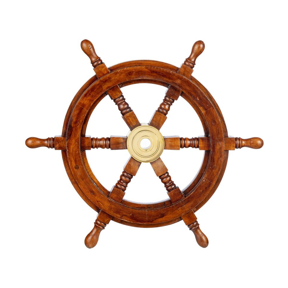 BARRE À ROUE GOUVERNAIL EN BOIS ET LAITON - Diamètre 48 cm