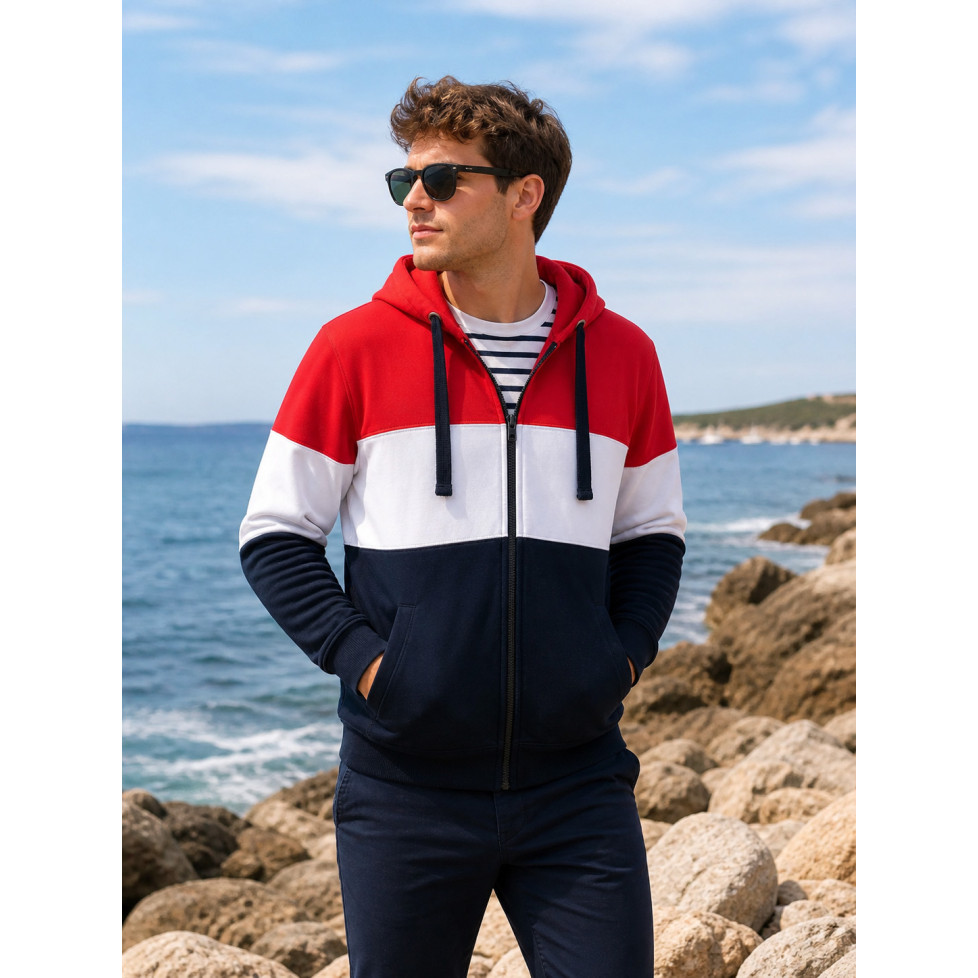 SWEAT À CAPUCHE « ZINNO » COQUELICOT/BLANC/MARINE
