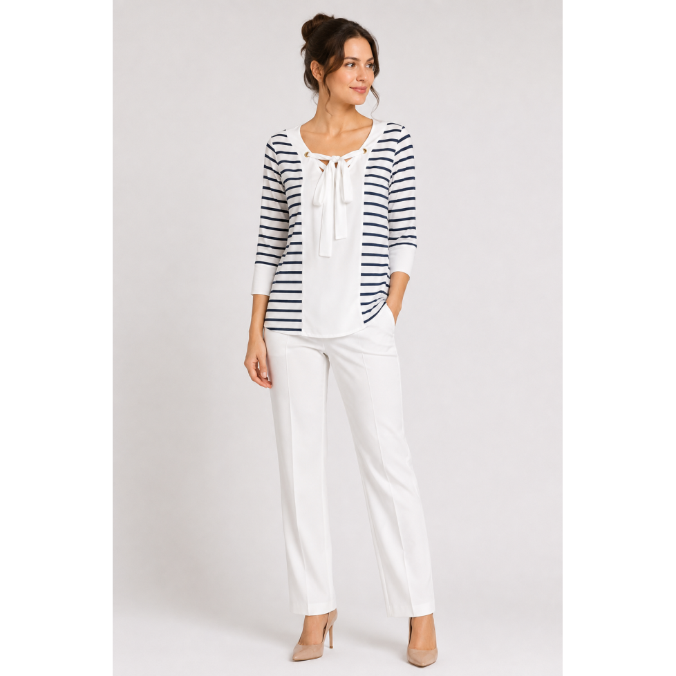 "CHANELLE" NAUTICAL WHITE AND BLUE STRIPED BLOUSE