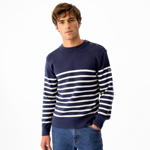 "JUPITER" PULL À RAYURES NAUTIQUE LAINE MERINOS BLEU/BLANC