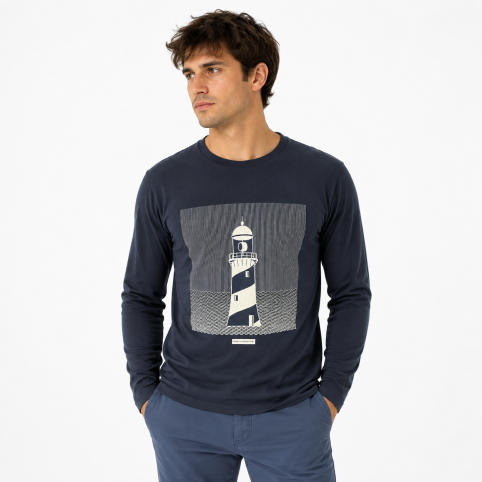 "CLARKE"  T-SHIRT BLEU MARINE POUR HOMME AVEC PHARE