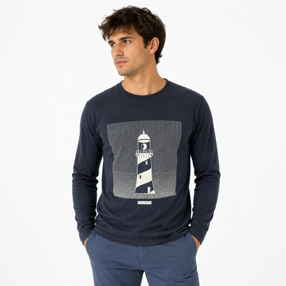 “CLARKE” NAVY BLUE T-SHIRT WITH LIGHTHOUSE FOR MEN