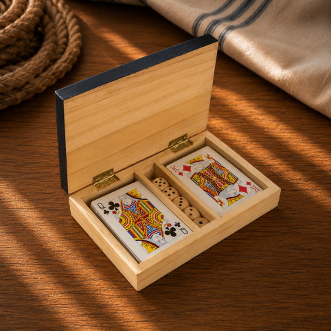 BOARD GAME CARDS AND DICE IN NAUTICAL WOODEN BOX
