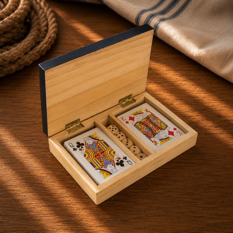 JUEGO DE MESA CARTAS Y DADOS EN CAJA NÁUTICA DE MADERA