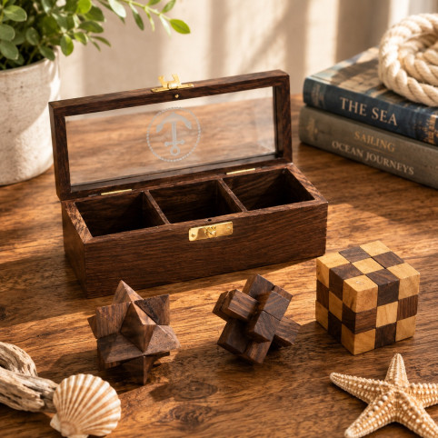 THREE JUGSAW GAMES IN A PALISANDRO BOX MARINE ANCHOR