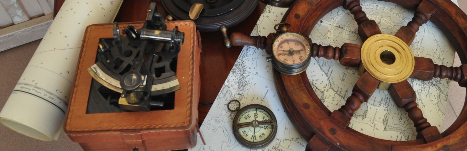 Compass, sundial, bell, whistle, horn, spyglass, telescope, globe, sextant, telegraph, logbook